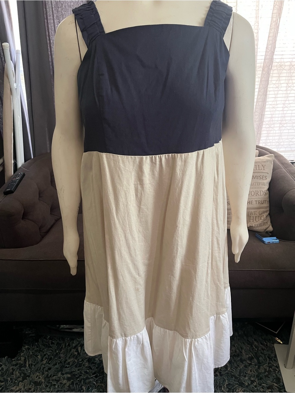 52Seven Navy, Beige and White Sleeveless Dress